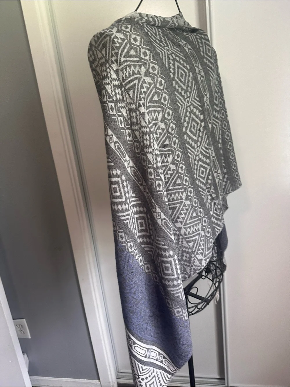 Gray Aztec Pattern Fringe Shawl Wrap